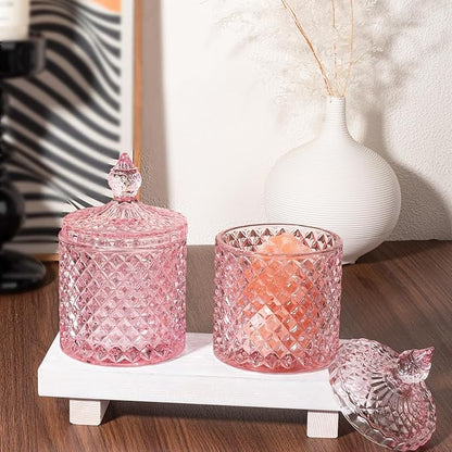 2 Pack Qtip Holder Thick Glass Apothecary Jars with Lid for Bathroom Decor Storage Organizer for Cotton Swabs, Balls, Pads, Floss Picks, Candy, Jewelry, Pink