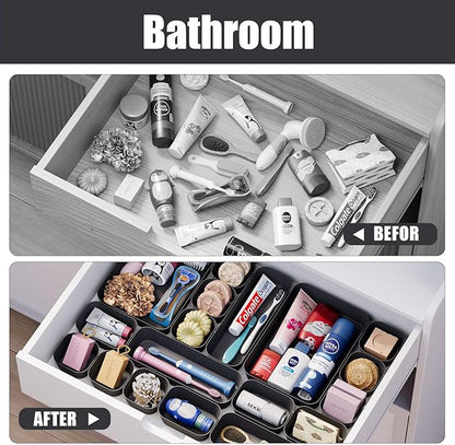 Plastic Drawer Organizers, 18 PCS Drawer Organizer Bins, Bathroom and Vanity Organizer Plastic Tray, Makeup organizer and storage for Makeup, Bedroom, Kitchen Gadgets Utensils and Office (Black)