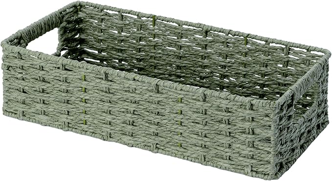 StorageWorks Small Wicker Toilet Basket Tank Topper with Built-in Handles, Toilet Paper Baskets for Back of Tank, Paper Rope Bathroom Basket Organizer and Storage for Sage Green Bathroom Decor, Green