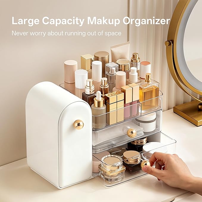 HBlife Makeup Organizer Countertop with Drawers, Vanity Organizers with Brush Holder, Bathroom Counter Organizer for Perfume, Nail Polishes, Lipsticks, Skincare and Eyeshadow Palettes, White and Clear
