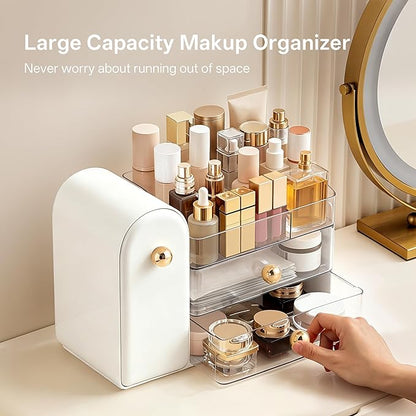 HBlife Makeup Organizer Countertop with Drawers, Vanity Organizers with Brush Holder, Bathroom Counter Organizer for Perfume, Nail Polishes, Lipsticks, Skincare and Eyeshadow Palettes, White and Clear