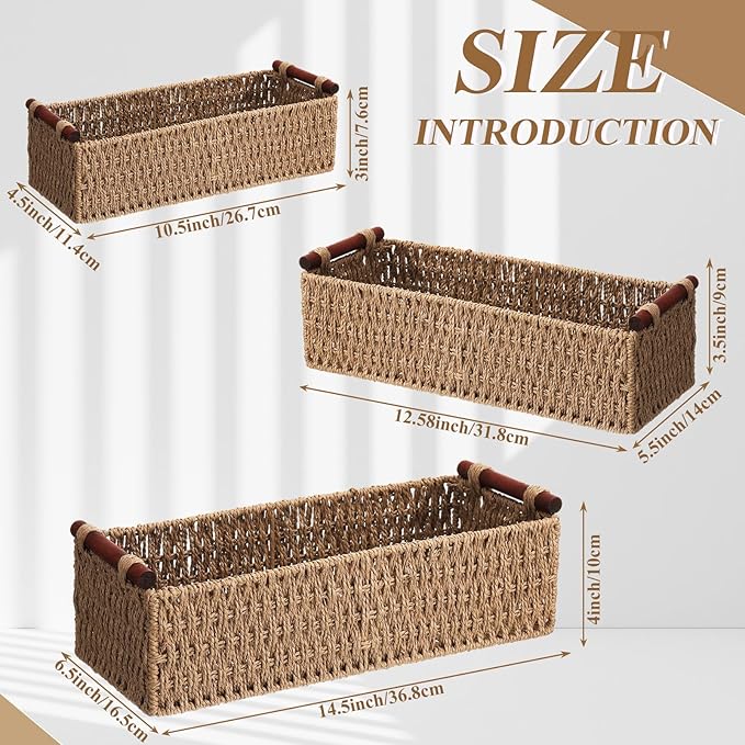 Boao 3 Pcs Boho Storage Wicker Baskets Handmade Woven Decorative Paper Rope Baskets for Organizing with Handle Countertop Toilet Paper Storage Container for Toilet Tank Top(Natural Color,Rectangle)