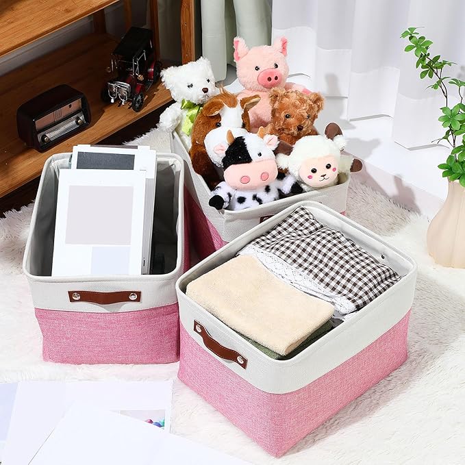 Uiifan 8 Pack 16 x 12 x 10 Inch Large Storage Baskets Collapsible Fabric Storage Cubes Bins with Handles for Shelves Closets Nursery Home Clothes Toys Organizers, Pink