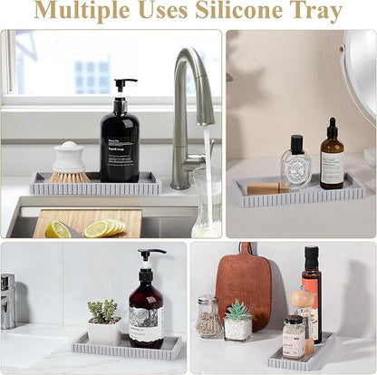 Silicone Bathroom Tray Small Vanity Organizer Rectangle Sink Caddy Sponge Holder Kitchen Counter Decor for Dish Soap, Perfume, Candle, Light Gray
