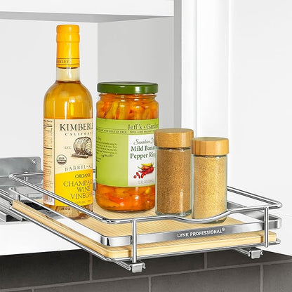 LYNK PROFESSIONAL® Élite™ Pull Out Spice Organization for Cabinets - 8-3/8 inch Wide – Spice Rack for Inside Cabinets – Wood/Chrome - Sliding Spice Rack Organizer for cabinet – Spice Rack - 1 Tier