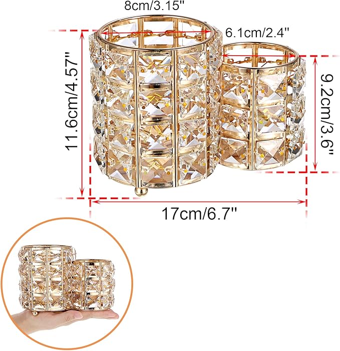 Hipiwe Makeup Brush Holder Gold Bling Crystal Makeup Brush Organizer Round Remote Control Holder Cosmetic Brush Tools Comb Pen Pencil Storage Pot Cup for Vanity, Office, Home Decor, 2-Slot