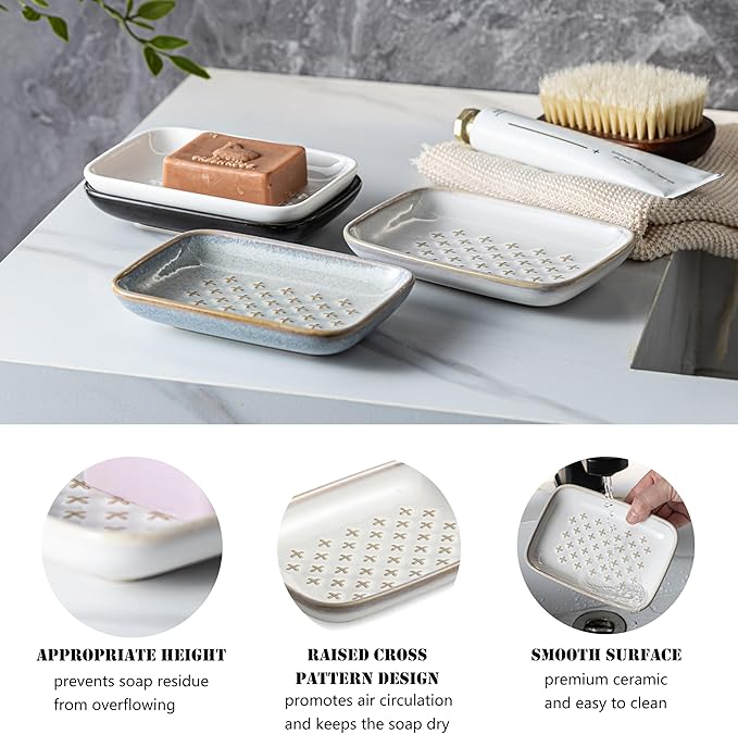 Premium Ceramic Soap Dish Holder - Large 5.5 Inch Soap Saver Tray with Non-Slip Base, Multi-Use for Bar Soap, Sponge & Jewelry - Elegant for Bathroom, Kitchen, Shower - Creamy White