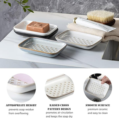 Premium Ceramic Soap Dish Holder - Large 5.5 Inch Soap Saver Tray with Non-Slip Base, Multi-Use for Bar Soap, Sponge & Jewelry - Elegant for Bathroom, Kitchen, Shower - Creamy White