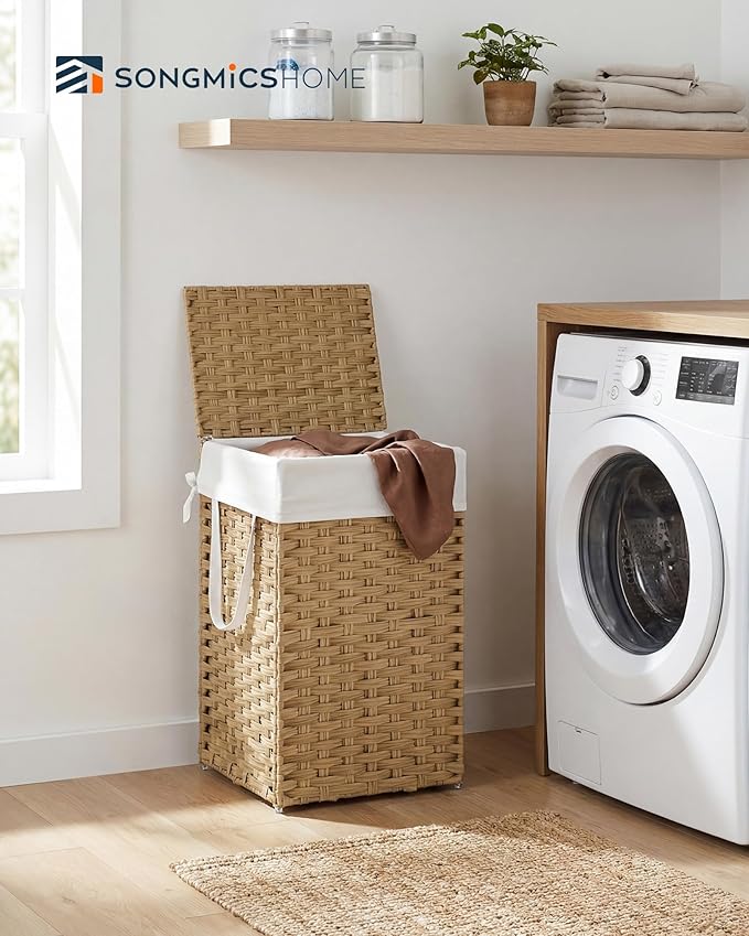 SONGMICS HOME Laundry Hamper with Lid, Clothes Basket with Removable Liner and Handles, 17.2 Gallon, Foldable Narrow Laundry Organizer for Bathroom, Bedroom, Light Brown