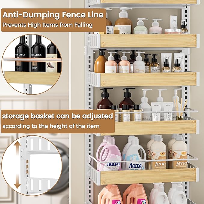 POKIPO 6 Tier Over The Door Pantry Organizer, 2-in-1 Door Hanging or Wall Mounted Spice Rack, Large Heavy Duty Pantry Door Storage Seasoning Shelves with Adjustable Basket for Kitchen Bathroom Closet