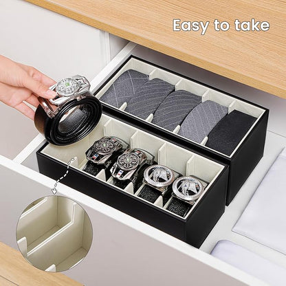 2 Packs Leathers Belt Organizer for Closet and Drawer, Stackable 5 Grids Dresser Drawer Organizers, Belt Tie Holder for Men,Tie Box-Black