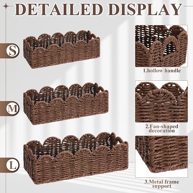 Boao 3 Pcs Boho Storage Wicker Baskets Handmade Woven Decorative Paper Rope Baskets for Organizing with Handle Countertop Toilet Paper Storage Container for Toilet Tank Top(Light Brown,Fan-shaped)