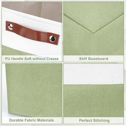 Bagnizer Large Fabric Storage Baskets | 50L Storage Bins, Decorative Linen Closet Baskets with Handles for Organizing, Shelf, Toys, Clothes, Home, Office, Nursery, 17x12x15Inches (Green&White)