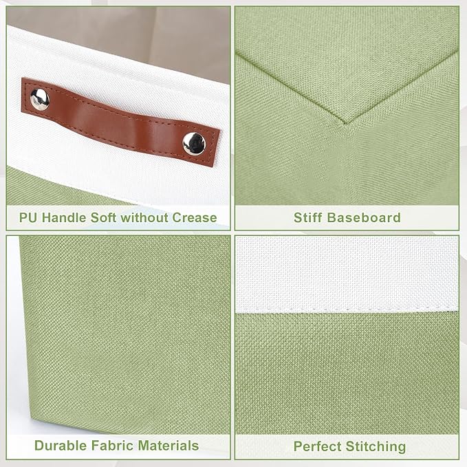 Bagnizer 13x13 Cube Storage Bins, Collapsible Fabric Storage Box, 4 Pack Closet Baskets with Handles for Organizing, Shelf, Toys, Clothes, Home, Office, Nursery (Green&White)