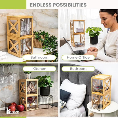 Stackable Bamboo Snack Drawer Organizer (2 Pack) – Pull-Out Storage Bins with Clear Acrylic Drawers – Pantry Storage for Snacks, Coffee Pods, Spices & K-Cups
