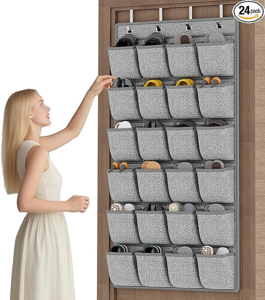 homyfort Over the Door Shoe Organizer,Hanging Shoe Rack Storage Holder with 24 Extra Large Fabric Pockets for Closet,Men Sneakers,Women High Heeled Shoes,Slippers,Grey 61.4''x22''