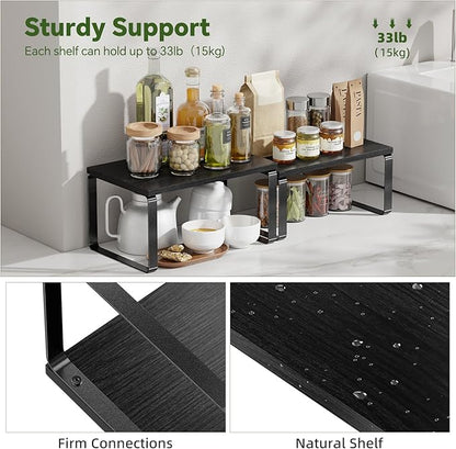 Simple Trending Cabinet Organizer Shelf, Set of 2 Stackable Kitchen Counter Shelves, Expandable Spice Rack Kitchen Storage Riser, Metal Engineered Wood, Black
