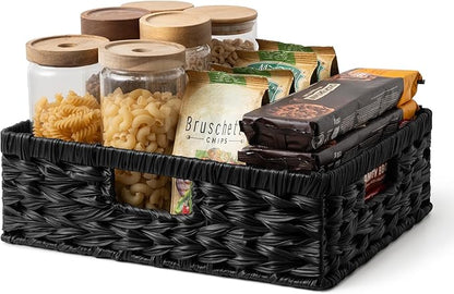 GRANNY SAYS Wicker Storage Baskets for Shelves, Wicker Basket for Organizing, Shallow Basket, Woven Baskets for Pantry Storage, Black, 1-Pack