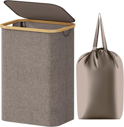 Lifewit 80L Laundry Basket with Lid, Clothes Hampers for Laundry with Bamboo Handles and 1 Removable Bag, Large Foldable Laundry Hamper for Bedroom, Bathroom, Dorm, Laundry Room, Brown