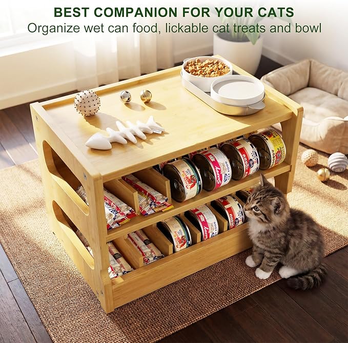 Bamboo Cat Food Can Organizer, Holds 36 (3oz) Cans, Cat Wet Food Storage Rack, Rolling Cat Food Can Dispenser for Pantry