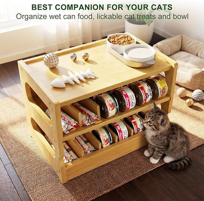 Bamboo Cat Food Can Organizer, Holds 36 (3oz) Cans, Cat Wet Food Storage Rack, Rolling Cat Food Can Dispenser for Pantry