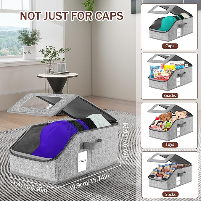 VZZNN Stackable Hat Organizer for Baseball Caps - Holds 12 Caps, Clear View Lid, Space Saving Closet Storage (Set of 4, Breathable Fabric)