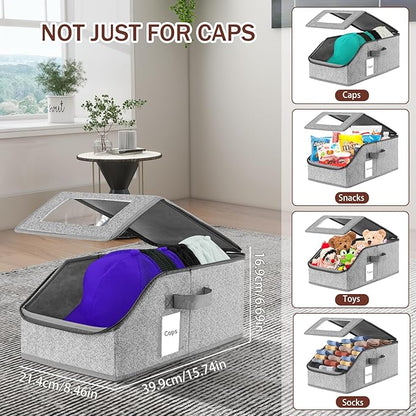 VZZNN Stackable Hat Organizer for Baseball Caps - Holds 12 Caps, Clear View Lid, Space Saving Closet Storage (Set of 4, Breathable Fabric)