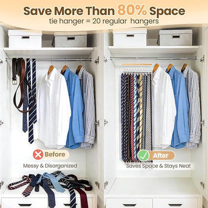 2PCS Tie Rack Hanger for Closet Upgraded 2-in-1 Tie and Belt Hanger Non Slip Tie Rack with 20 Hooks Tie Hanger Space Saving Wooden Belt Tie Organizer for Tank Tops Bras Cami Scarves, Wooden