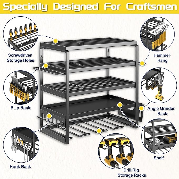 Power Tool Organizer, 5 Layer Drill Holders Wall Mount, Heavy Duty Metal Organizers and Storage Rack for Garage Organization, Tools Shelves with Screwdriver Plier Hammer Holder, Black