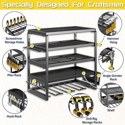 Power Tool Organizer, 5 Layer Drill Holders Wall Mount, Heavy Duty Metal Organizers and Storage Rack for Garage Organization, Tools Shelves with Screwdriver Plier Hammer Holder, Black
