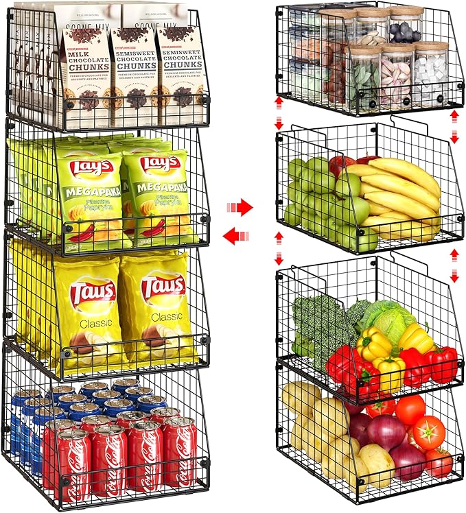 Jakyitvi 4 Pack XXL Stackable Wire Storage Basket, Extra Large Capacity Pantry Organizer and Storage, Muti-Purpose for Fruit Vegetable Basket & Toy Bin & Snack Organizer