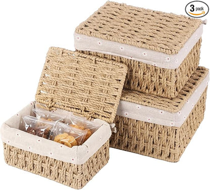3PCS Small Wicker Basket With Lid and Liner, Handmade Rectangular Paper Rope Square Wicker Basket for Bedroom, Living Room, Desk, Cabinet Organization, Decorative Boxes Boho Decor
