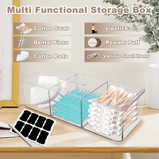 Square Qtip Holder, 3 Compartments Cotton Ball Holder, Box with Lid in Bathroom, Qtip Dispenser Containers for Cotton Swabs & Ball, Make Up Pads (Transparent)