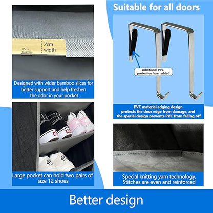 Over the Door Shoe Organizer, 20 to 30 Pairs Hanging Shoe Holder, Heavy Duty Extra Deep Pockets Shoe Storage for Closet, Anti-Scratch Hooks & FSC-Certified Bamboo - Black/Grey