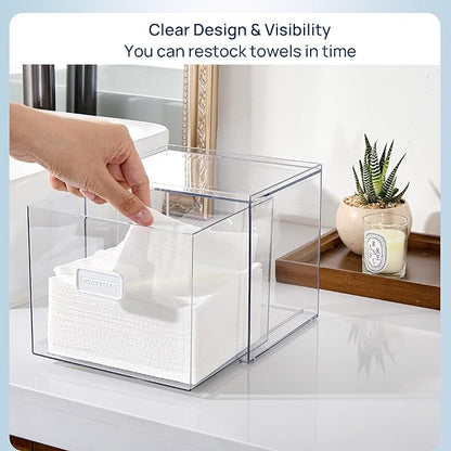 Vtopmart Disposable Facial Towels Holder,Clear Storage Drawer Compatible with Clean Skin Club Towel XL,Acrylic Box Hold 50 Count,Stylish and Functional Bathroom Accessory for Coutertop Organization