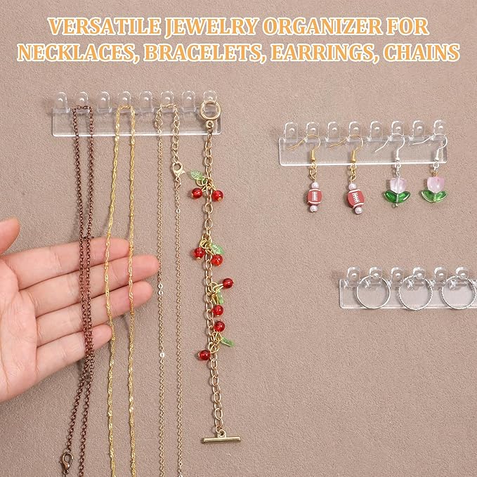 6 Pcs Necklace Holder, Hanging Jewelry Organizer, Wall Mount Jewelry Organizer with 8 Hooks, No-Drill Adhesive Hanging Racks Jewelrys Display for Rings, Earrings