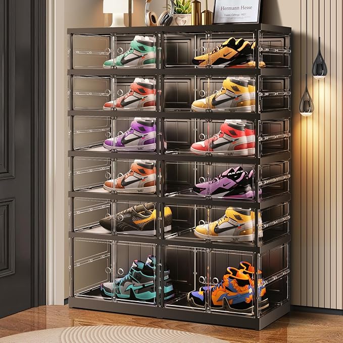 CIMLORD 6-Tier Foldable Shoe Rack for Closet Entryway 12-24Pairs,Stackable Clear Shoe Storage Boxes Organizer with Door Plastic Shoe Cabinet Bins with Lids Shoes Shelf Easy Assembly Large Black