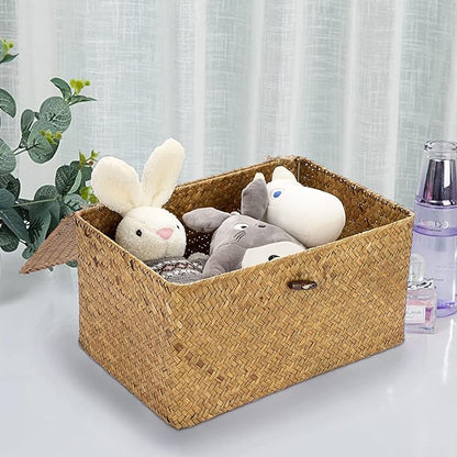 Hipiwe Wicker Shelf Baskets Bin with Lid, Handwoven Seagrass Basket Storage Bins Rectangular Household Basket Boxes for Shelf Wardrobe Home Organizer, Caramel Medium