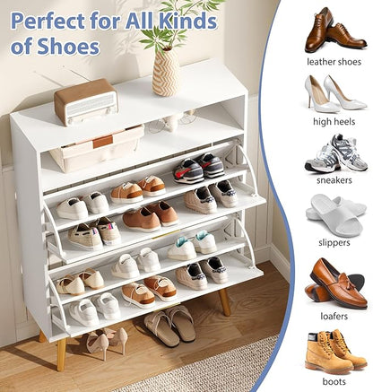 Shoe Cabinet Storage for Entryway, White Shoe Organizer with 2 Flip Drawers & Open Shelf, Freestanding Hidden Large Shoe Storage Cabinet (1pc-White, 2 Flip Drawers with Shelf)