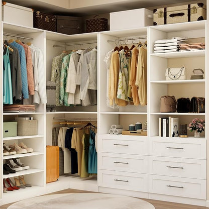 Vomavex Closet System with 4 sets, 101.9" Closet Organizer Systems with 6 Drawers & 8 Hanging Rods & Adjustable Shelves, Walk in Closet Standing Closet System, Corner Closet System Set, White