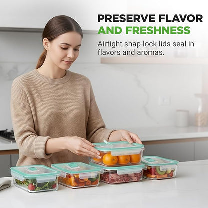 NutriChef 10 Piece Glass Food Storage Containers with Lids – 30 oz Meal Prep Containers Reusable Glass – Airtight Lunch Containers for Food Storage – Freezer to Oven Safe - Green