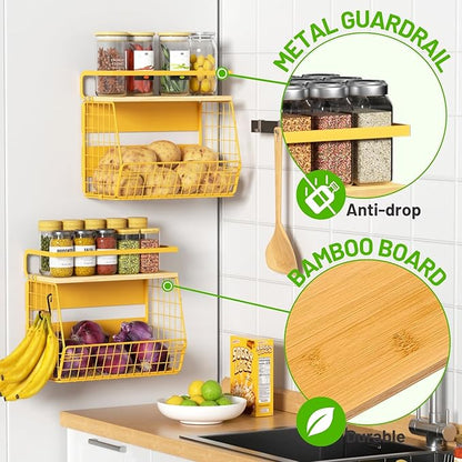 Magnetic Shelf for Fridge with Wood Lid, Fruit Potato and Onion Storage Bins, Pantry Organizers & Storage, Large Container Magnetic Spice Rack for Refrigerator, Kitchen Counter, Cabinet (Yellow, 1)