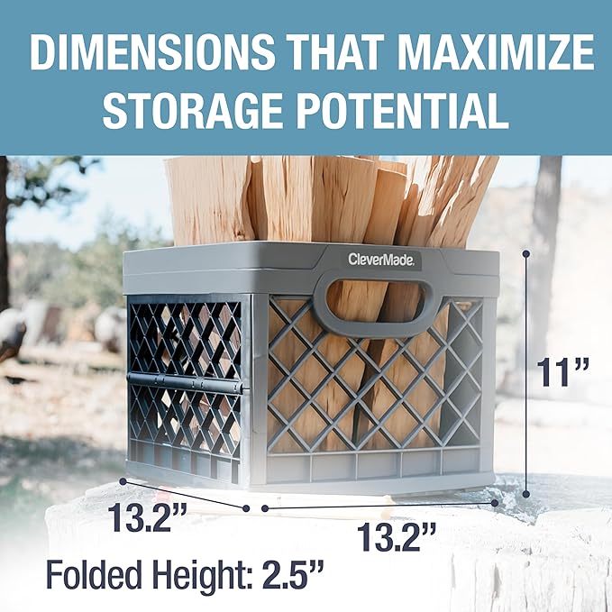 CleverMade Collapsible Milk Crate 25L (6.6 Gal) 3 Pack, 50 lb Capacity Heavy Duty Folding Crate – Stackable Storage Crates with File Rails, Plastic Collapsible Crates - Stone