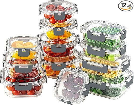 HOMBERKING 24pc Borosilicate Glass Food Storage Containers with Snap Locking Lids, Glass Meal Prep Containers, Airtight Lunch Boxes, Oven, Freezer and Dishwasher Safe, BPA Free, Kitchen Storage Set
