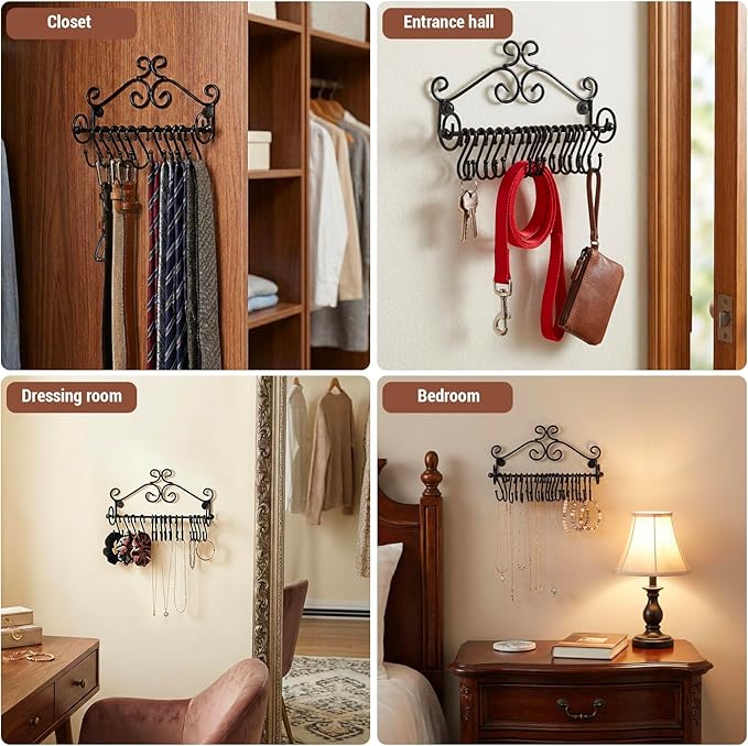 MyGift Jewelry Organizer - Wall Mounted Black Metal Scrollwork Design Necklace Holder Jewelry Display Storage Rack with 20 Hanging S-Hooks