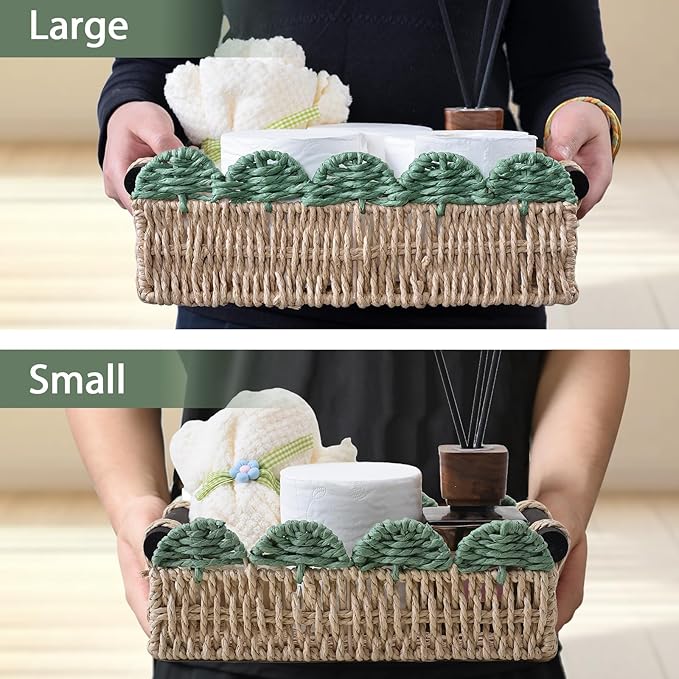Wicker Basket with Built-in Handles, Small Scalloped Basket for Organizing, Set of 2 Decorative Baskets for Home and Toilet Paper Storage（Beige+Green）