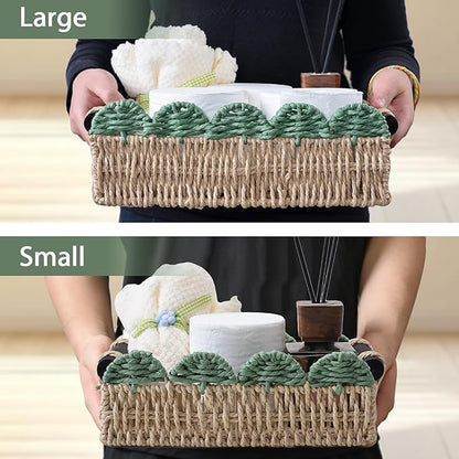 Wicker Basket with Built-in Handles, Small Scalloped Basket for Organizing, Set of 2 Decorative Baskets for Home and Toilet Paper Storage（Beige+Green）