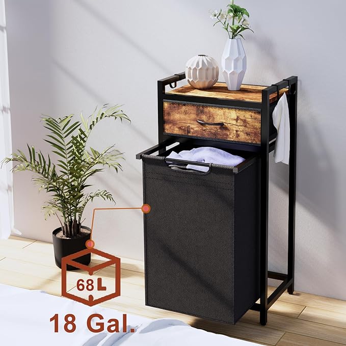 Timberer Laundry Hamper, Laundry Sorter, Rolling Laundry Basket with Drawer, 18 Gal (68 L), Pull-Out and Removable Oxford Fabric Bags, Black and Rustic Brown