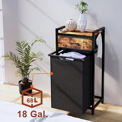 Timberer Laundry Hamper, Laundry Sorter, Rolling Laundry Basket with Drawer, 18 Gal (68 L), Pull-Out and Removable Oxford Fabric Bags, Black and Rustic Brown