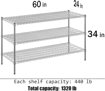 24" Deep x 60" Wide x 34" Height Wire Shelving Kit | 3-Tier | NSF Commercial Storage Rack Unit